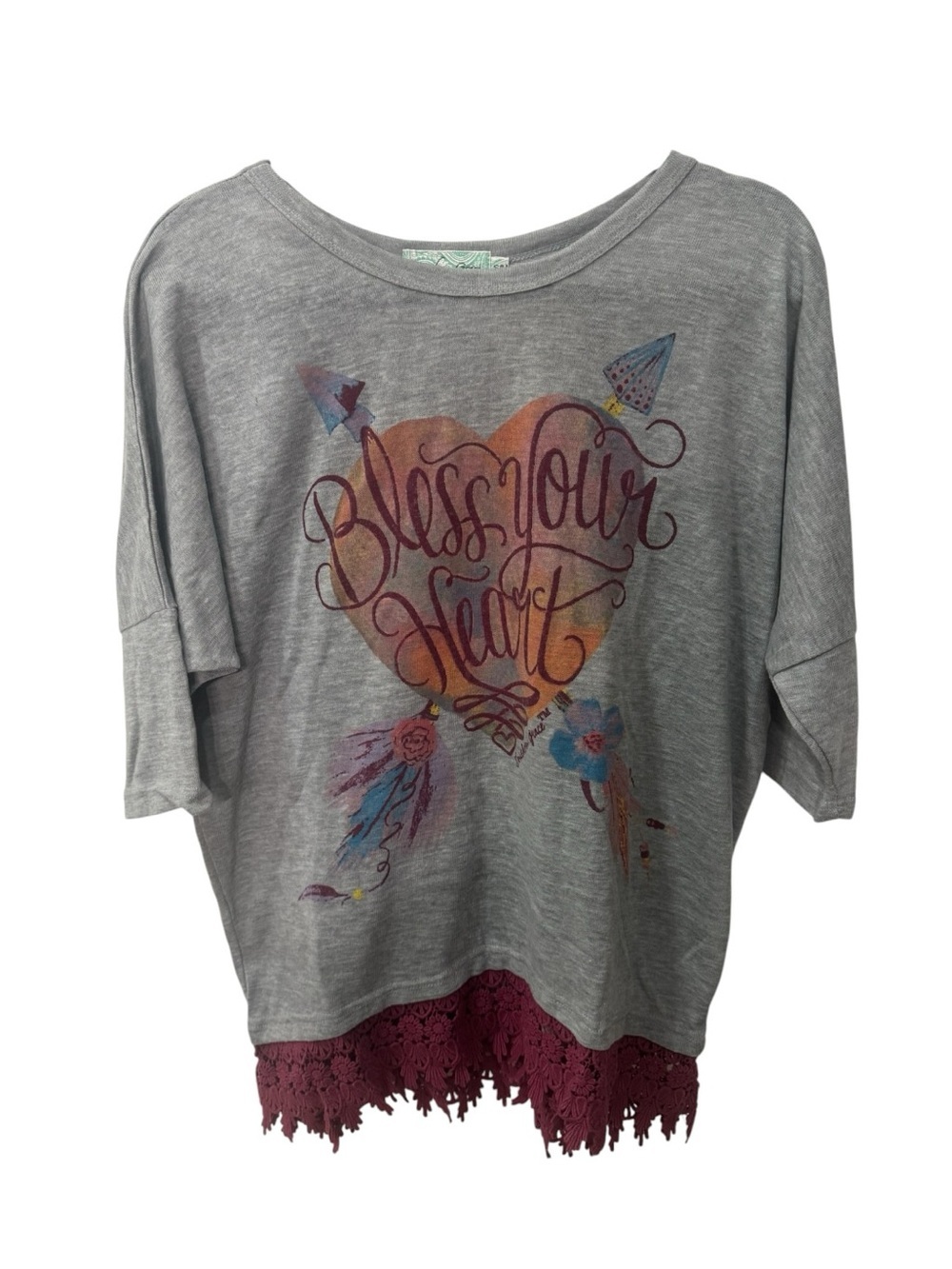 Southern Grace brand "Bless Your Heart" graphic t-shirt with lace hem size S/M